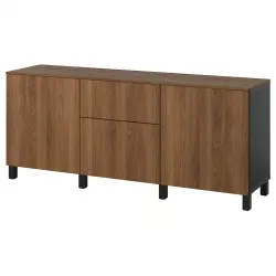 BESTÅ Opberger met lades - zwartbruin Lappviken/Stubbarp/bruin walnootpatroon 180x42x75 cm